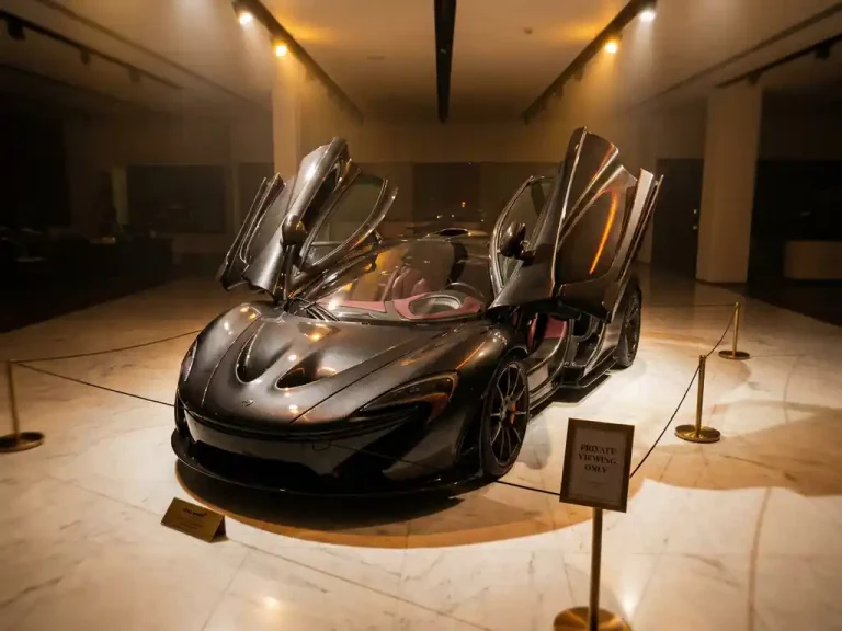Glanzende limited-edition McLaren P1 in luxe showroom onder dramatische spotverlichting op gepolijste marmeren vloer
