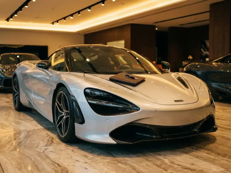 Zilveren McLaren sportwagen in luxe showroom met leren contractmap en vulpen op motorkap, gouden verlichting