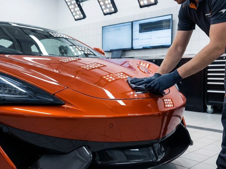 McLaren sportwagen in oranje met mechanicien die onderhoud uitvoert in luxe dealership serviceruimte met LED-verlichting