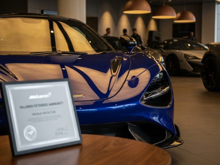 McLaren sportwagen close-up toont aerodynamische curves en carbon fiber details in luxe showroom met garantiecertificaat