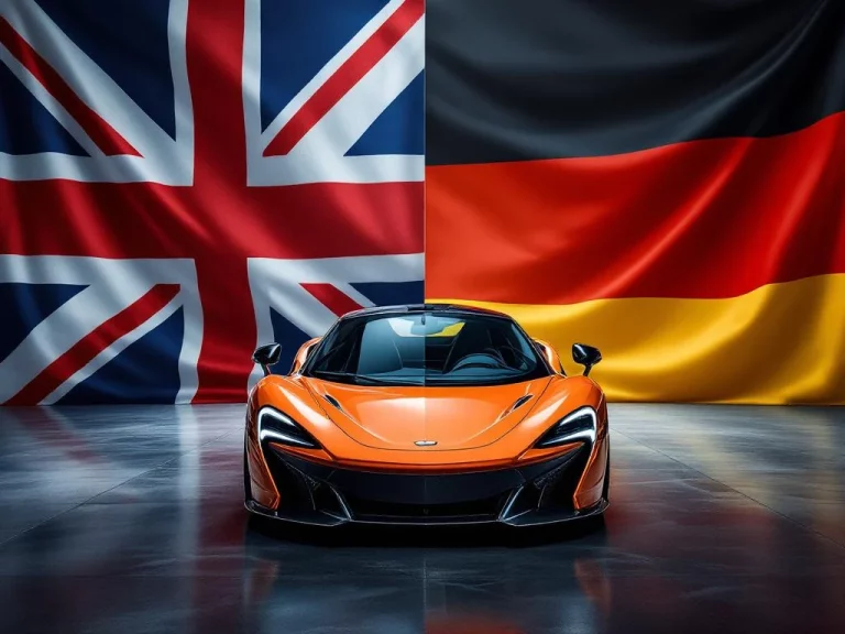 Oranje McLaren supercar tussen Britse en Duitse vlag op grijsblauwe achtergrond met dramatische studiobelichting