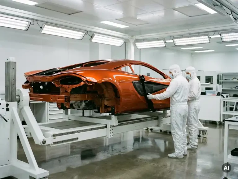 McLaren supercar in metallic oranje op assemblagering in Woking-fabriek, technici in cleanroom-pakken monteren carbon fiber panelen.