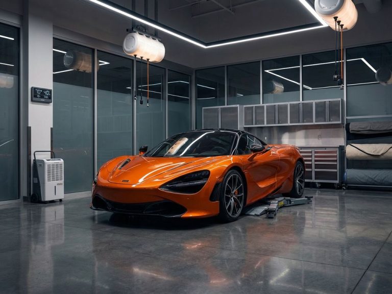 Oranje McLaren supercar op hydraulische lift in professionele klimaatgecontroleerde garage met gespecialiseerde apparatuur