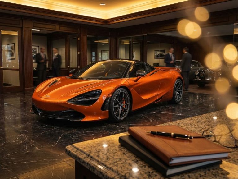Oranje McLaren supercar in luxe showroom met financiële documenten op marmeren tafel, warme gouden verlichting