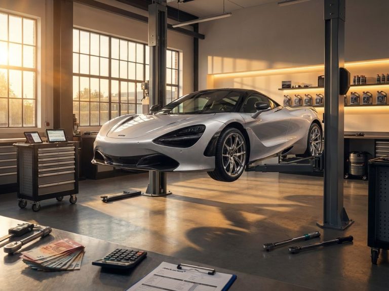 McLaren supercar op hydraulische lift in luxe garage met gereedschap, gouden lichtinval en euro bankbiljetten op werkbank