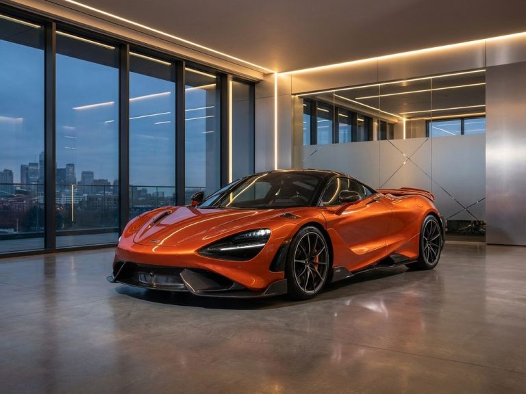 Oranje metallic McLaren supercar in moderne showroom met betonnen vloeren en dramatische verlichting