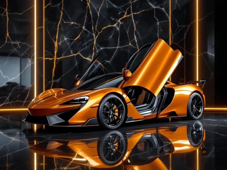 Oranje McLaren supersportwagen met vleugeldeuren op zwart marmeren achtergrond in luxe showroom met gouden verlichting