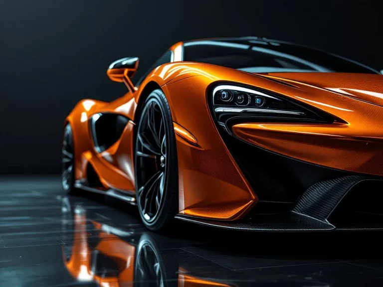 Oranje McLaren supercar in close-up vanuit lage hoek in donkere showroom met dramatische verlichting en reflecties
