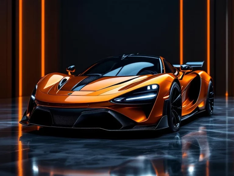 Oranje McLaren supercar in driekwart hoek met carbon fiber details in luxe donkere showroom met professionele verlichting