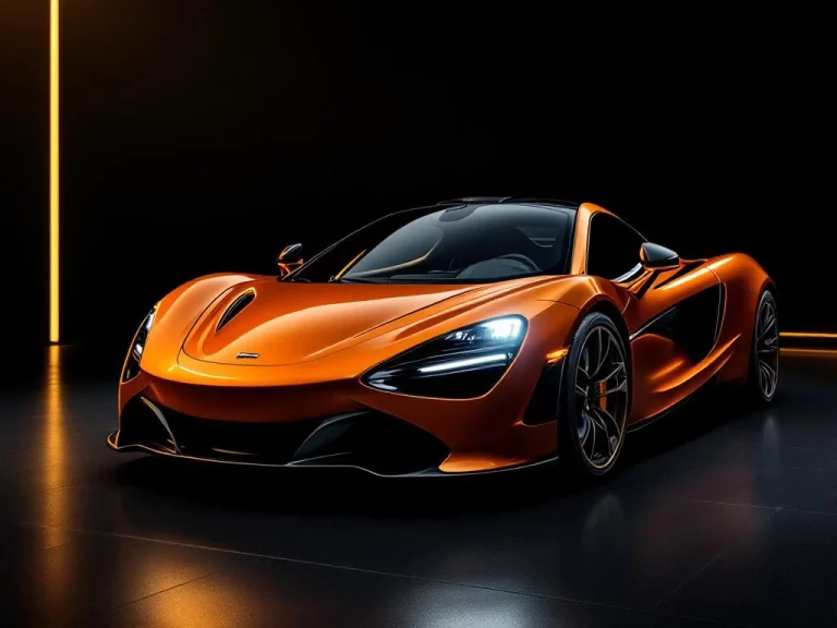 Oranje McLaren supercar in drie-kwart hoek tegen zwarte achtergrond met professionele studiobelichting