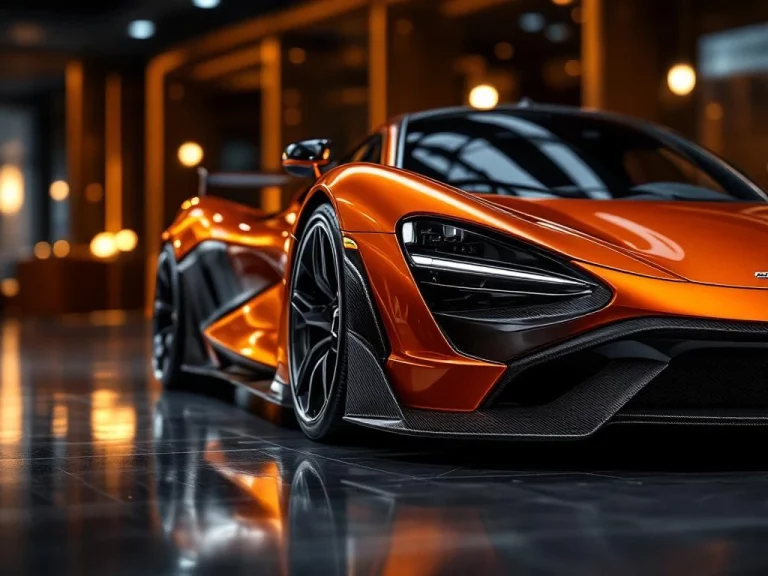 Oranje metallic McLaren supercar in luxe showroom met dramatische verlichting en aerodynamische details