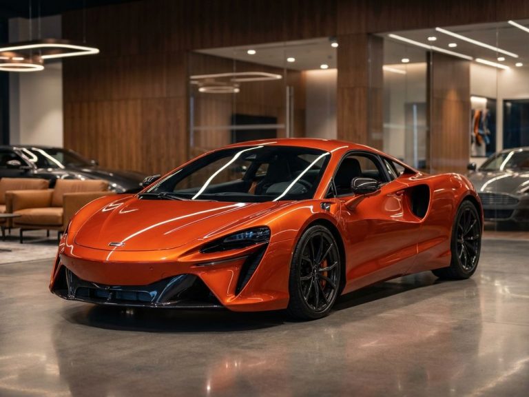 Oranje McLaren supercar met open vleugeldeuren in luxe autoshowroom met dramatische verlichting