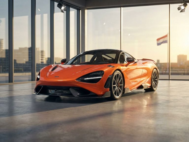 Oranje McLaren supercar in moderne Nederlandse showroom met dramatische verlichting en glanzende carbon fiber carrosserie