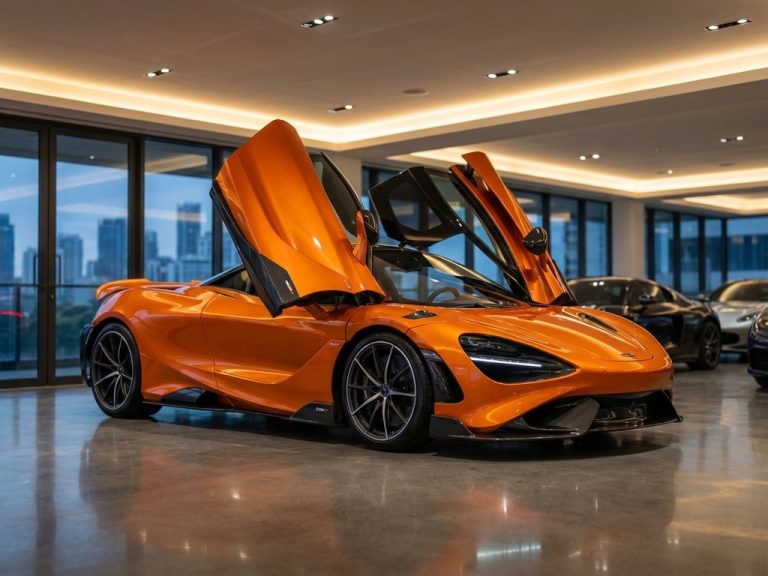 Oranje McLaren supercar met open vleugeldeuren in luxe showroom met dramatische verlichting