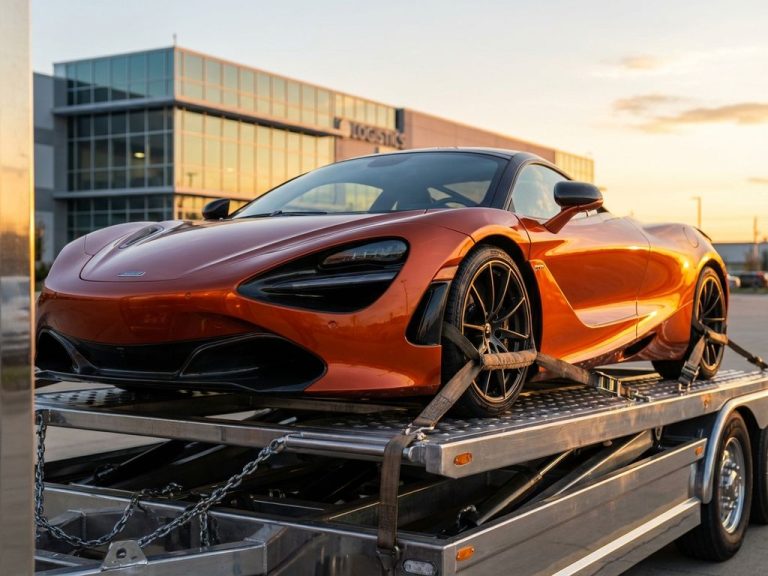 Oranje McLaren supercar op professionele autotransporter met hydraulische laadbrug bij zonsondergang