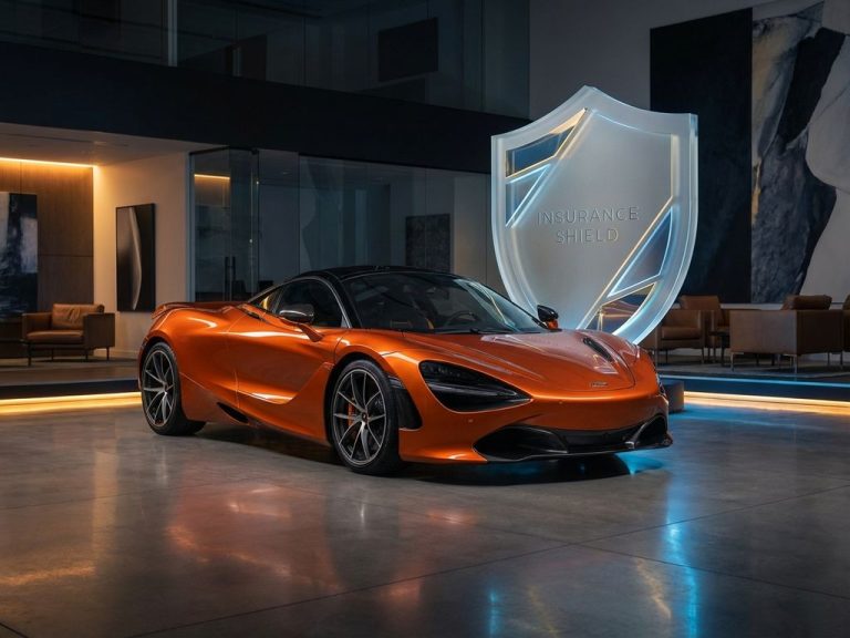 Metallic oranje McLaren supercar in luxe showroom met transparant schild symbool voor autoverzekering bescherming