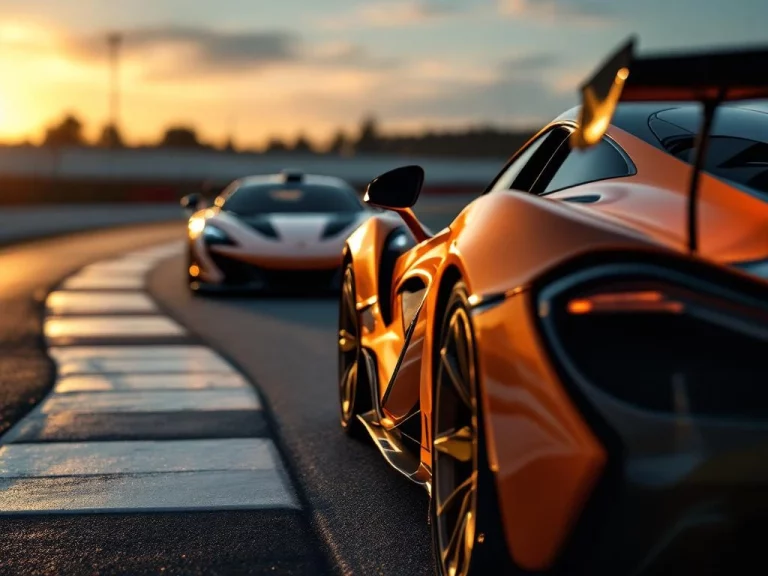 Orange McLaren supercar op professioneel racecircuit tijdens gouden uur, met twee andere McLarens op achtergrond