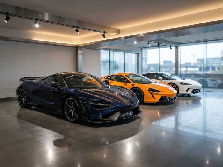Drie McLaren supercars in blauw, oranje en wit opgesteld in moderne showroom met dramatische verlichting