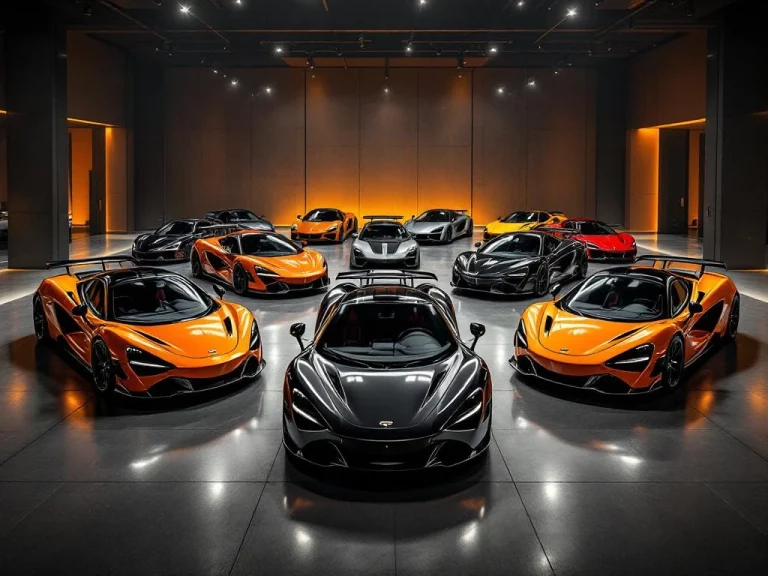 McLaren supercars in oranje, zwart en zilver getoond in moderne showroom met dramatische belichting