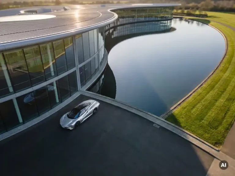 Luchtfoto van het McLaren Technology Centre met gebogen glazen gevel, zilveren supercar op voorplein en glanzend meer.