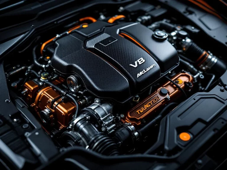 McLaren V8 twin-turbo motor met koolstofvezel onderdelen en gepolijste aluminium oppervlakken in close-up