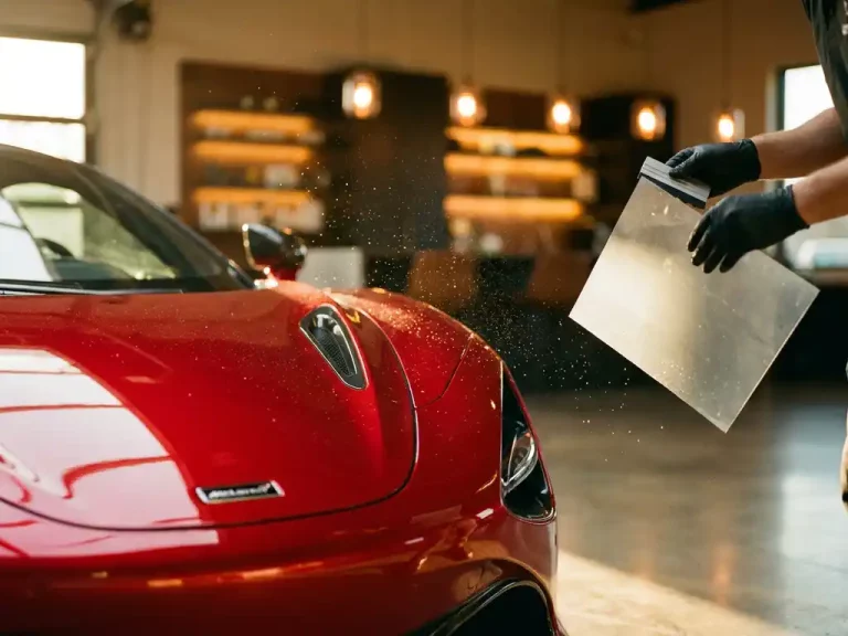 Rode McLaren motorkap met gouden zonlicht reflectie, vliegende steentjes en beschermende folie in luxe garage
