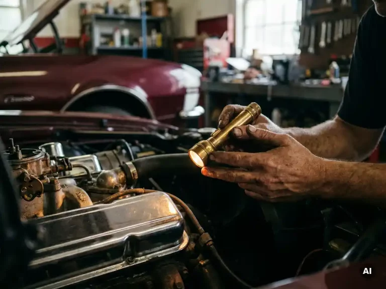 Monteur inspecteert chromen motorruimte van klassieke auto met zaklamp, bordeauxrode carrosserie op de achtergrond.