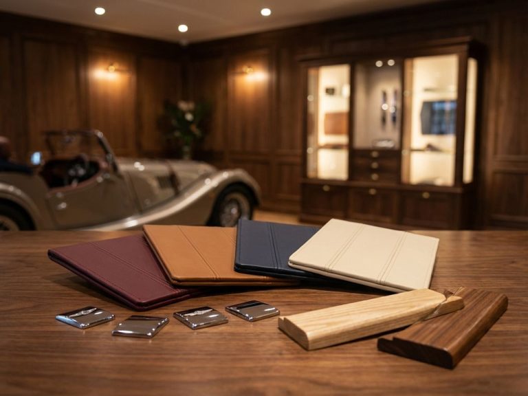 Morgan auto interieur leermonsters in bordeaux, tan, marineblauw en crème op donker hout in luxe showroom