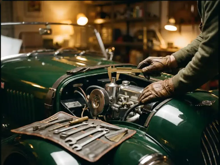Monteur onderzoekt chromen motorruimte van klassieke Morgan sportwagen in Britse racinggroen onder warme garagebelichting