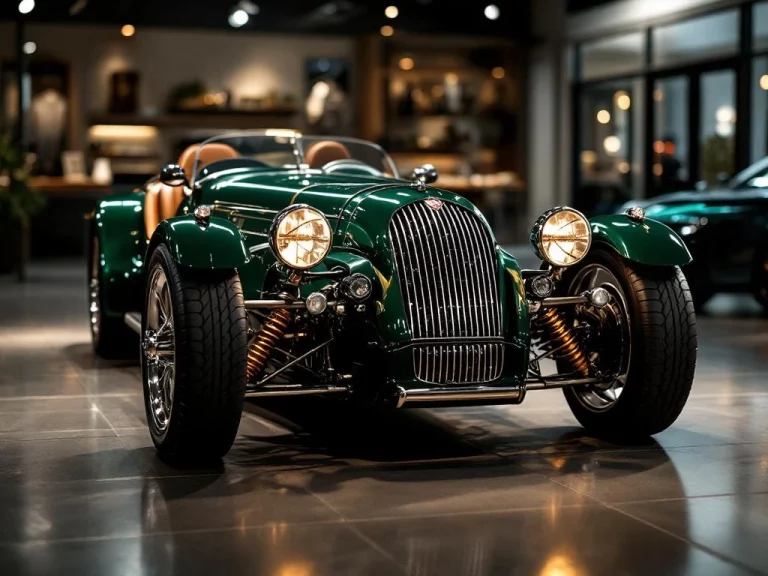 Morgan 3-Wheeler sportwagen in British Racing Green met blootliggende motor in luxe showroom met dramatische verlichting