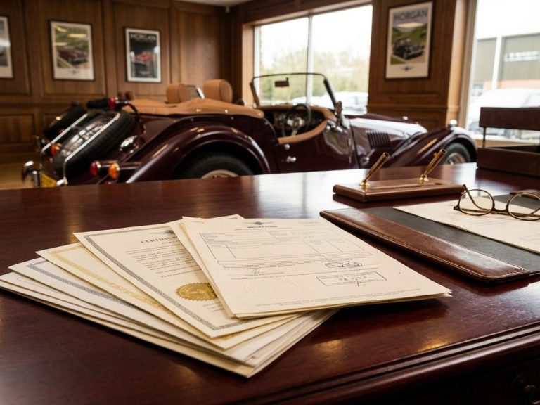 Stapel officiële documenten en certificaten op mahoniehout bureau met Morgan sportwagen op achtergrond in showroom