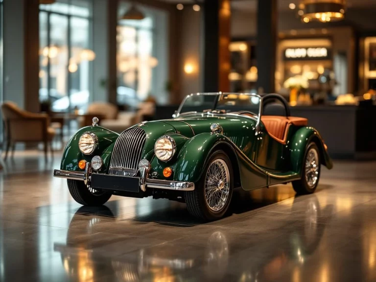 Vintage 1967 Morgan Plus 4 klassieke Britse sportwagen in racing green met chromen wielen in luxe showroom