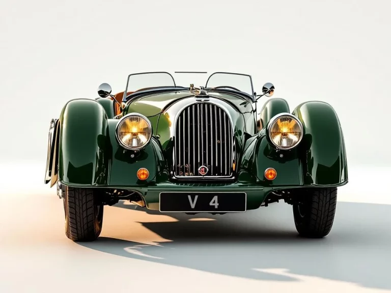 Klassieke Morgan Plus 4 sportwagen in racing green met draadwielen en leren interieur op witte achtergrond