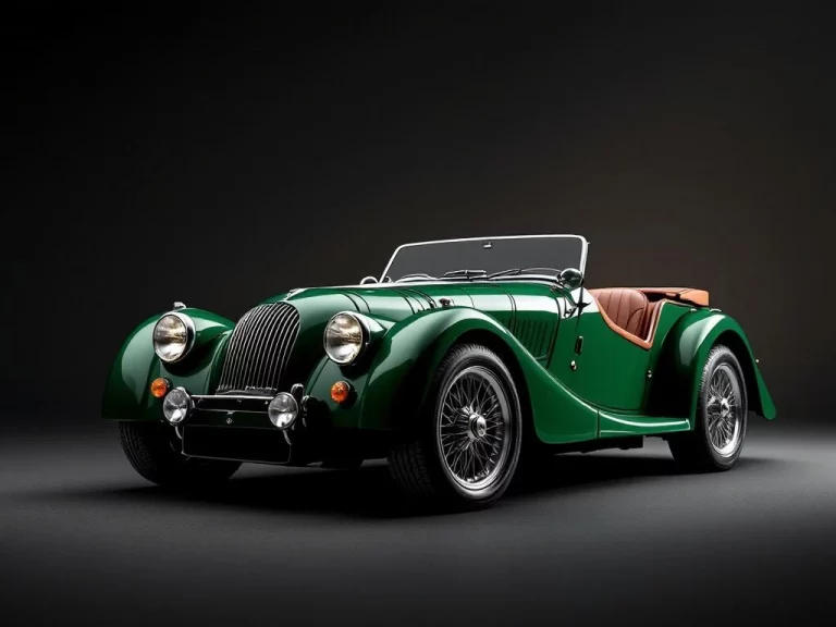 Morgan Plus 4 sportwagen in British racing green met chromen wielen, gefotografeerd vanuit driekwarthoek met dramatische belichting