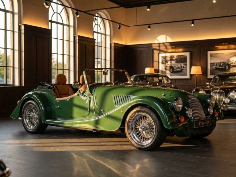 Groene Morgan sportwagen in luxe showroom met dramatische verlichting en chromen details
