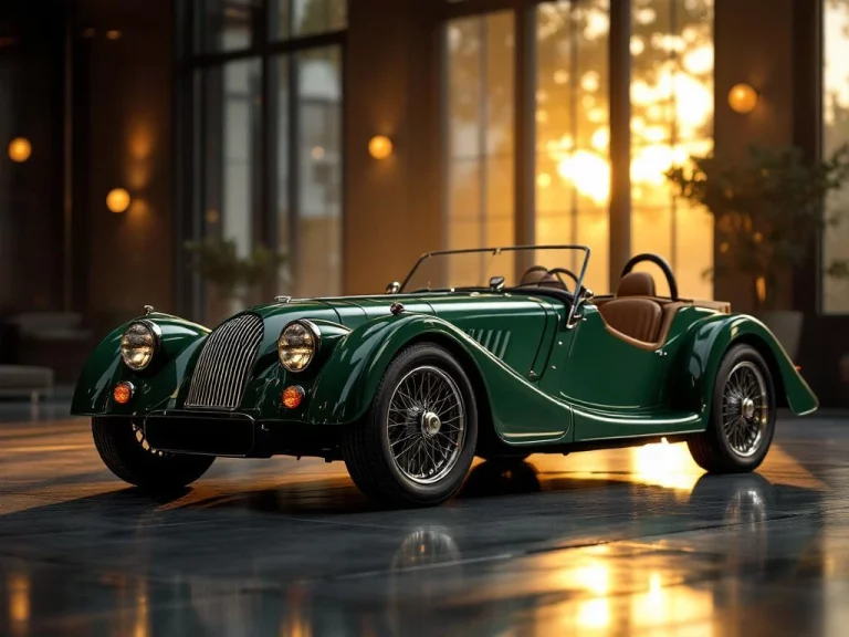 Morgan sportwagen in British Racing Green in luxe showroom met dramatische verlichting en chromen details