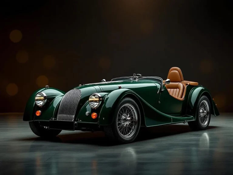 Klassieke Morgan sportwagen in British Racing Green met draadwielen in luxe showroom met dramatische verlichting