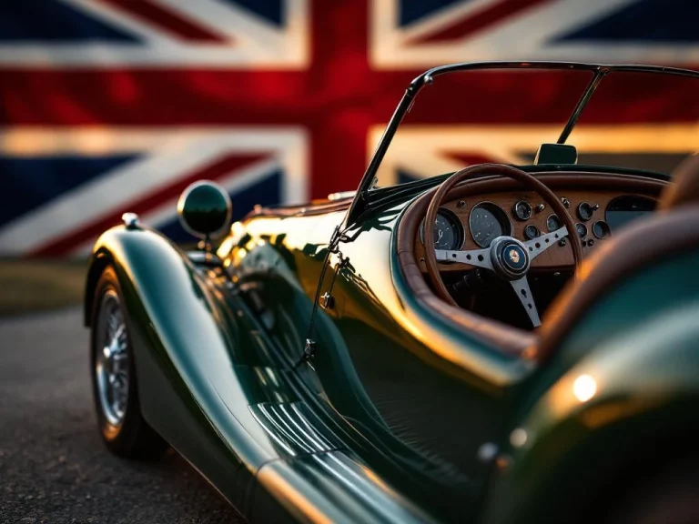 Groene Morgan sportwagen met chromen details, houten dashboard en leren interieur zichtbaar door open deur