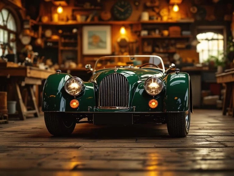 Klassieke Morgan sportwagen in British Racing Green in traditionele Engelse ambachtswerkplaats met houten gereedschap