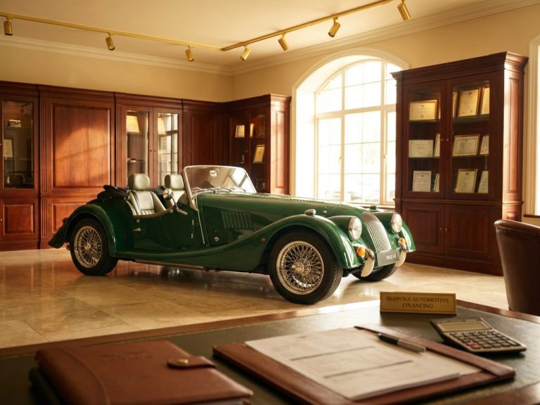 Groene Morgan sportwagen in luxe showroom met financieringsdocumenten, chroom details en leren interieur zichtbaar