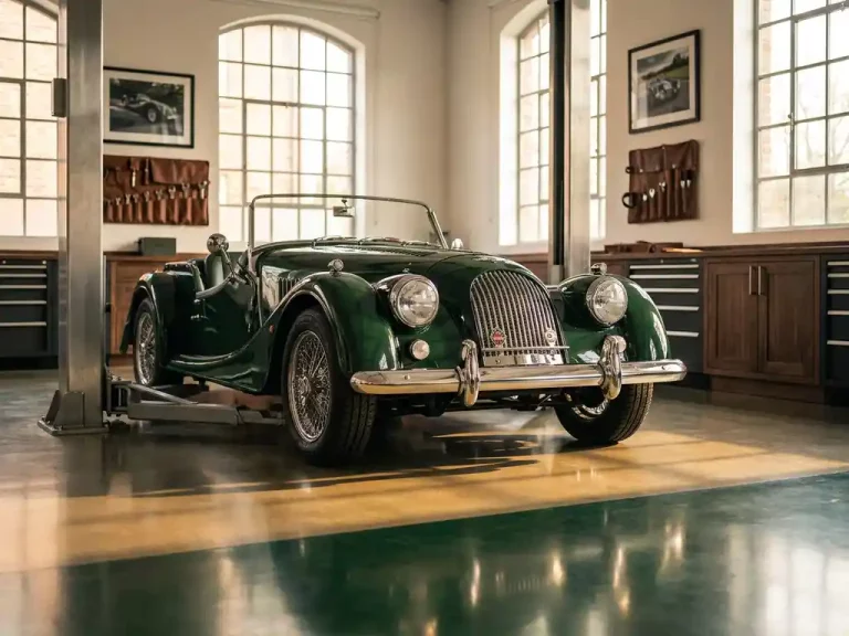 Vintage Morgan sportwagen in British racing green op hydraulische lift in luxe garage met chromen details en gepolijste betonvloeren