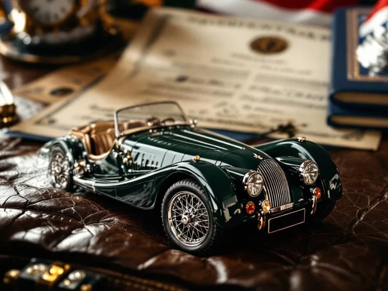 Groene Morgan sportwagen met garantiedocument op mahonie bureau, Nederlandse vlag op achtergrond