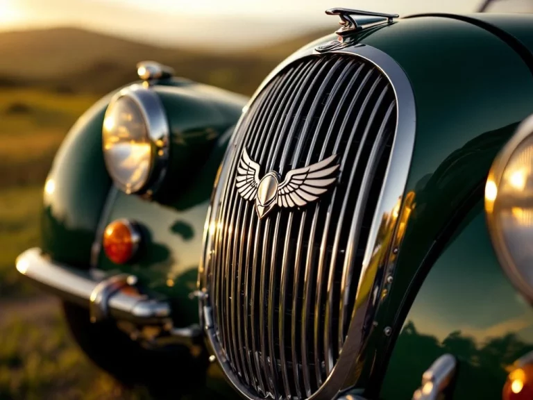 Morgan sportwagen voorkant met klassieke grille, chroom details en embleem in racing groen tegen Welse heuvels