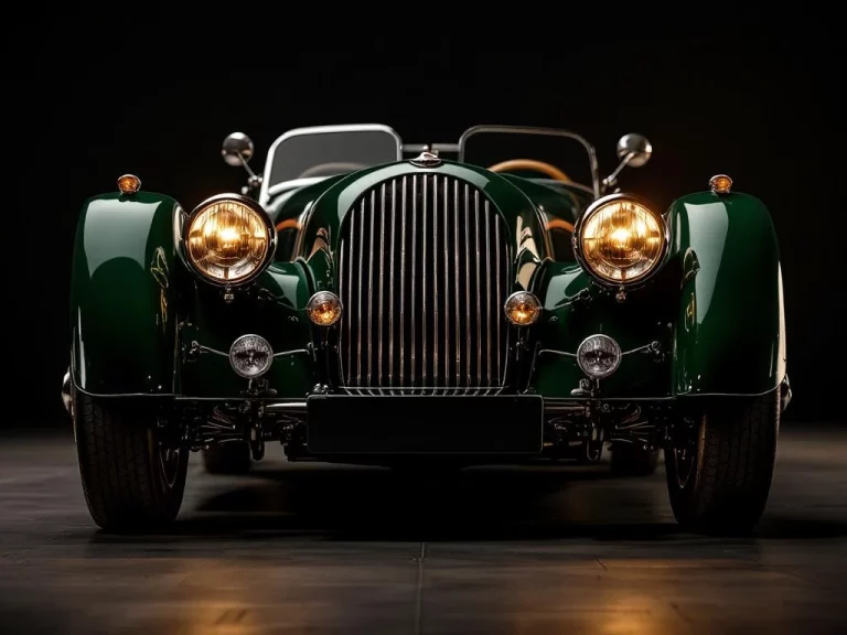 Close-up van klassieke British Morgan sportwagen met kenmerkende grille, koplampen en draadspaken wielen in racing green