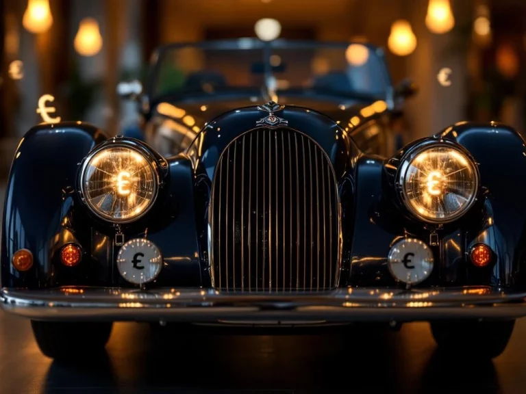 Morgan sportwagen voorgrille en koplampen in luxe showroom met dramatische verlichting en handgemaakte details