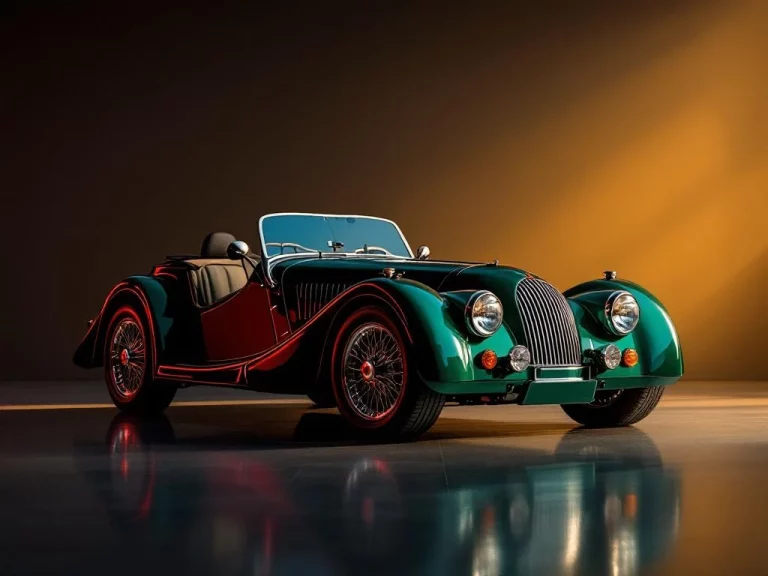 Klassieke Morgan sportwagen in British Racing Green op gepolijste showroomvloer met Nederlandse vlag reflectie in chroom