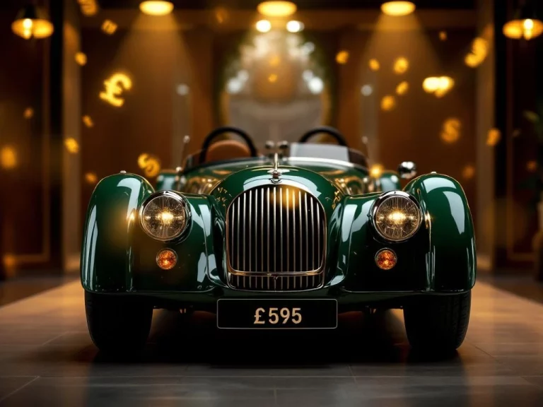Klassieke Morgan sportwagen in racing groen met chromen details in luxe showroom met zachte verlichting