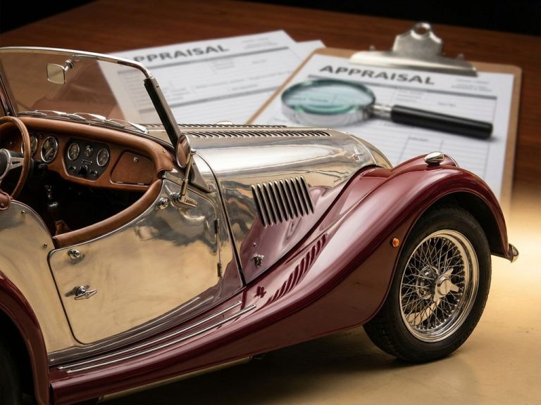 Klassieke Morgan sportwagen met draadspaakwielen en leren interieur tijdens professionele taxatie-evaluatie