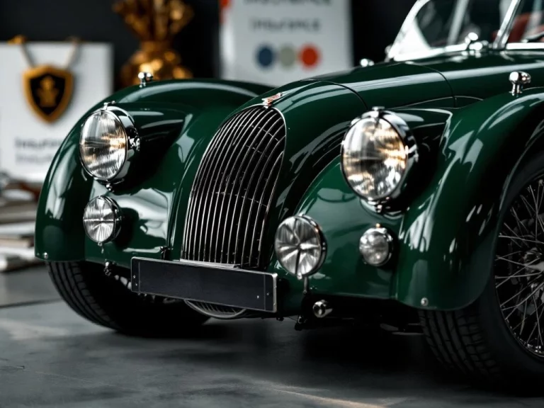 Klassieke groene Morgan sportwagen close-up met chromen details en leren interieur, verzekeringsdocumenten op achtergrond