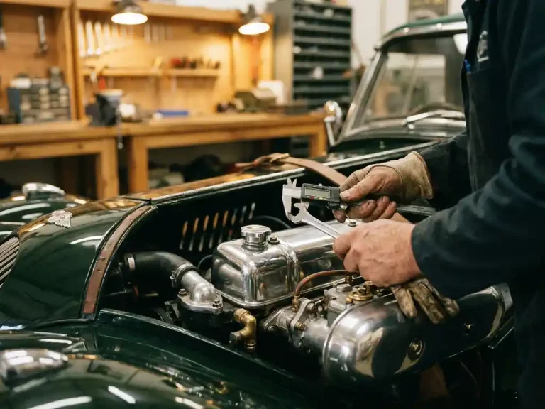 Monteur inspecteert motorruimte van klassieke Morgan sportwagen met chromen onderdelen en leren details